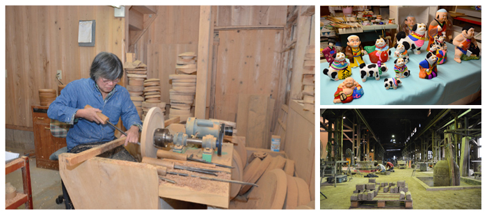 木地師が製作に打ち込む姿、小畑人形、梵鐘を製作する工場