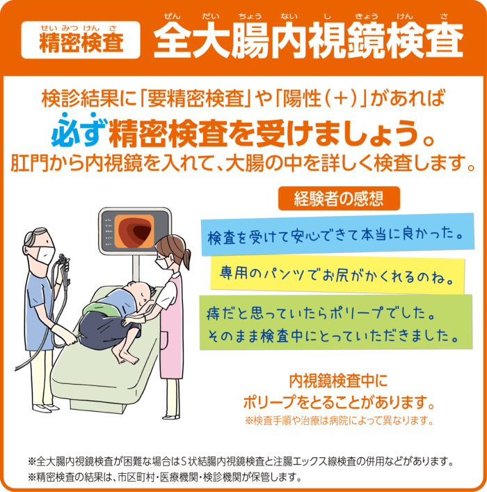 検査結果に「要精密検査」や「陽性（＋）」があれば必ず精密検査を受けましょう。肛門から内視鏡を入れて、大腸の中を詳しく検査します。内視鏡検査中にポリープをとることがあります。※検査手順や治療は病院によって異なります。